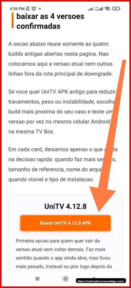 UniTV APK versao antiga: qual build baixar primeiro no Android e TV Box 2 Card com o botao para baixar UniTV 4.12.8 APK
