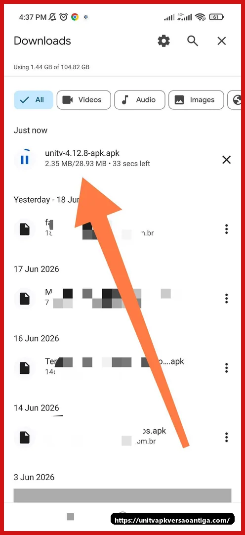 UniTV APK versao antiga: qual build baixar primeiro no Android e TV Box 3 Arquivo do UniTV APK baixado na pasta Downloads do Android