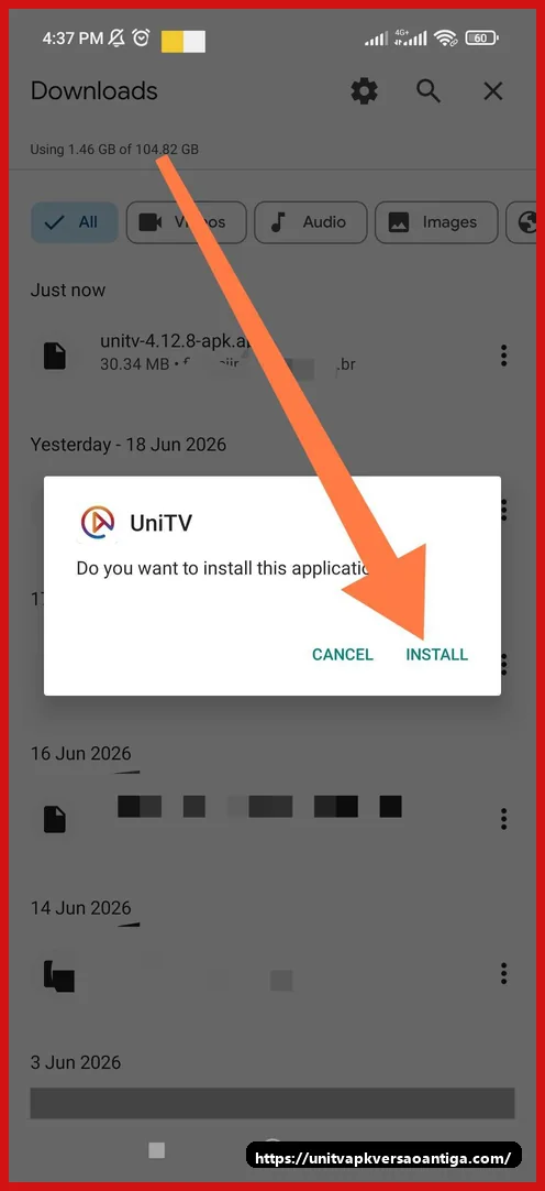 UniTV APK versao antiga: qual build baixar primeiro no Android e TV Box 9 Tela para confirmar a instalacao manual do UniTV APK no Android